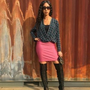 100% Silk Green and Pink Plaid Blouse sz large